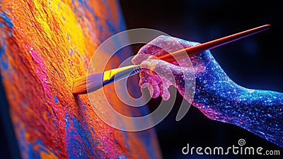 Algorithmic hand painting a vibrant digital canvas with intricate patterns and flowing lines symbolizes the fusion of Stock Photo