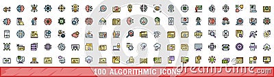 100 algorithmic icons set, color line style Stock Photo