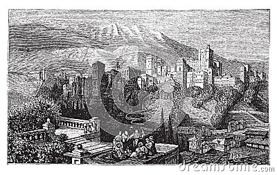 The Alhambra, in Granada, Spain. Old engraving around 1890 Vector Illustration