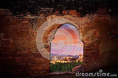 Alhambra sunset arch Granada illustration Cartoon Illustration