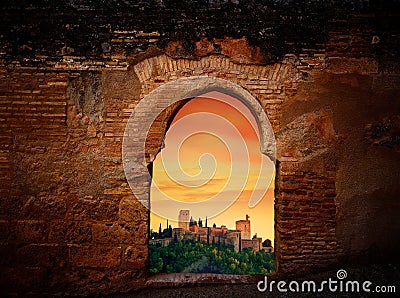 Alhambra sunset arch Granada illustration Cartoon Illustration