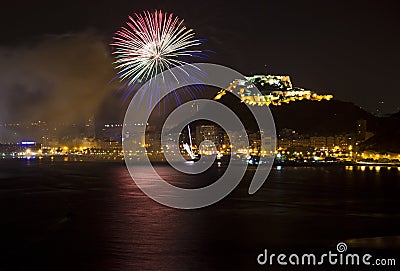 Alicante City by Night with Blue Green and Red Fir Stock Photo