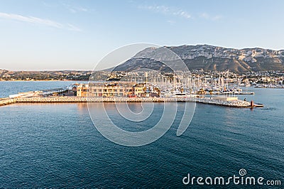 Alicante Denia port marina and Montgo in mediterranean sea Stock Photo