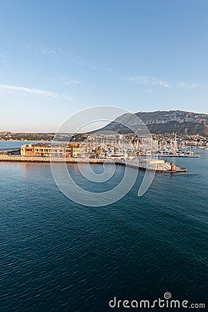 Alicante Denia port marina and Montgo in mediterranean sea Stock Photo