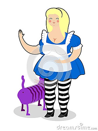 Alice and Cheshire Cat. Old fat woman and shabby fabulous animal Vector Illustration