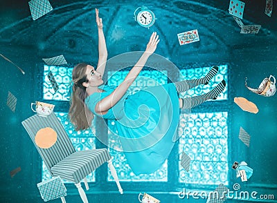 Alice cosplay in fantasy world. Alice falling down with the different objects. Art processing Stock Photo