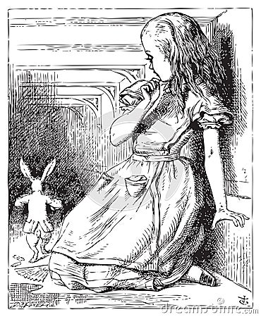 Alice grown big looking at the White Rabbit returning, splendidly dressed Vector Illustration