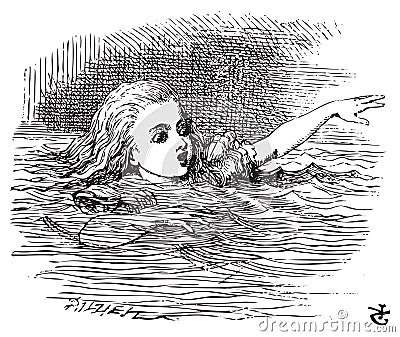 Alice Swimming in her pool of giant tears, up to her chin in salt water Vector Illustration
