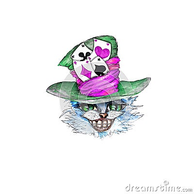 Alice in Wonderland art Cheshire cat Hatter hat portrait watercolor icon isolated on white background Stock Photo