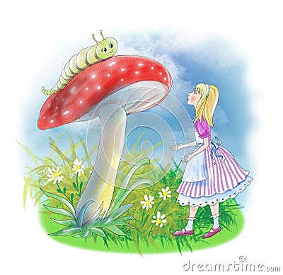 Alice in Wonderland. Alice with caterpillar and mushroom - fly agaric Cartoon Illustration