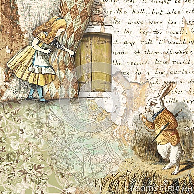 Alice in Wonderland collaged paper design Stock Photo