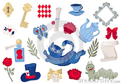 Alice in Wonderland collection. Set of isolated objects. Vector illustration. Vector Illustration