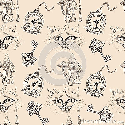 Alice in Wonderland cute clock and Cheshire cat monochrome sketch objects set seamless pattern Stock Photo