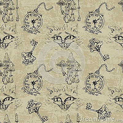 Alice in Wonderland cute clock and Cheshire cat monochrome sketch objects set seamless pattern Stock Photo