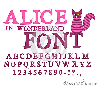 Alice in Wonderland font. Fairy ABC. mad Alphabet Cheshire Cat. Vector Illustration