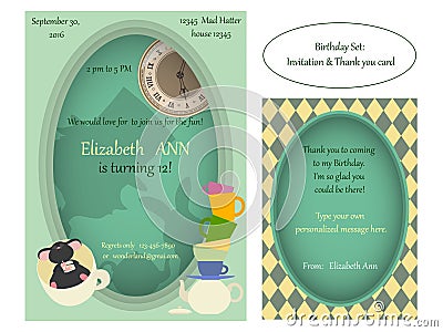 Alice in Wonderland. Mad tea party Birthday Invitation. Vector Illustration