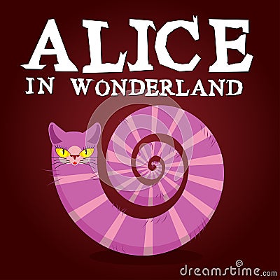 Alice in Wonderland title. Cheshire Cat. Fantastic animal. Fabulous striped animal with long tail Vector Illustration