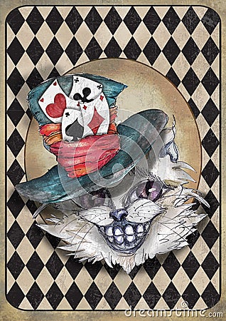 Alice in Wonderland watercolor grunge icons A4 flash cards with diamond victorian background Stock Photo