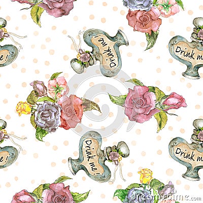 Alice in Wonderland cute watercolor objects set seamless pattern Stock Photo