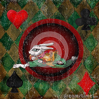 Alice in Wonderland white rabbit Watercolor hand drawn character on Grunge vintage circus banner Stock Photo