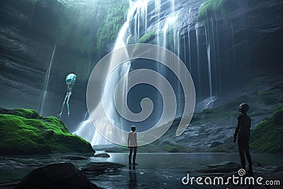 alien admiring view of majestic waterfall, with its futuristic technology in the background Stock Photo