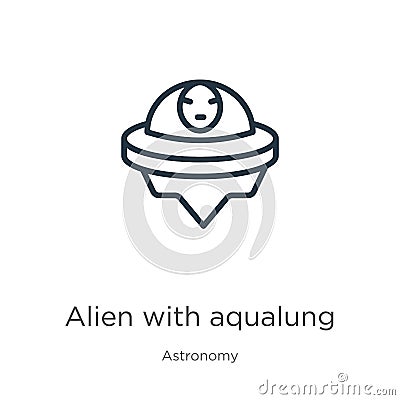 Alien with aqualung icon. Thin linear alien with aqualung outline icon isolated on white background from astronomy collection. Vector Illustration