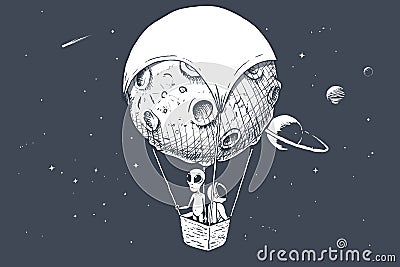 Alien and astronaut travels by on aerostat Vector Illustration