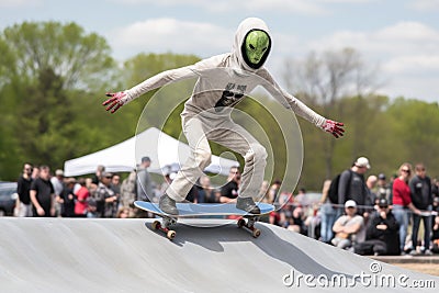 alien athlete performing high-profile trick on skateboard during competition Stock Photo
