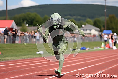 alien athlete running 100-meter dash, with the finish line in sight Stock Photo