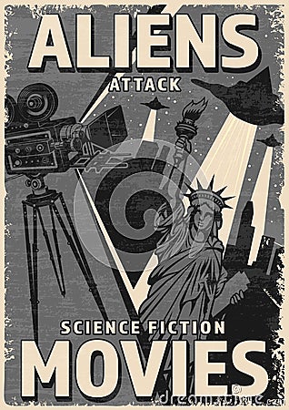 Alien attack vintage poster monochrome Vector Illustration