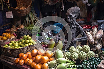 alien, with basket full of exotic fruits and vegetables, shopping in bustling market Stock Photo