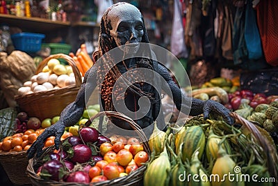 alien, with basket full of exotic fruits and vegetables, shopping in bustling market Stock Photo