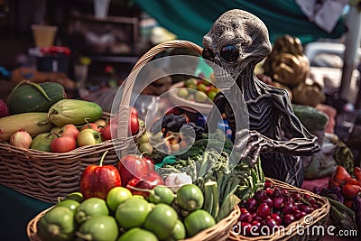 alien, with basket full of fresh fruits and vegetables, shopping at farmer& x27;s market Stock Photo