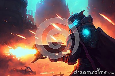 alien blaster in the heat of battle, firing at otherworldly enemies in futuristic city Stock Photo