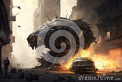 alien blaster, surrounded by smoking and shattered remains of vehicles, in busy city street Stock Photo