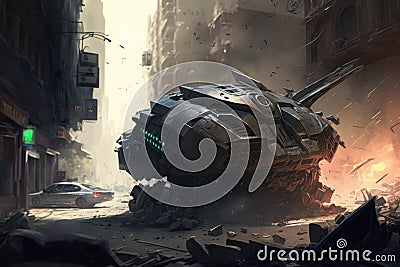 alien blaster, surrounded by smoking and shattered remains of vehicles, in busy city street Stock Photo