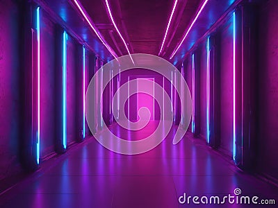 Alien Bouncing Neon Tubes Laser Sci Fi Futuristic Cyber Concrete Hallway Tunnel Corridor Purple Blue Beams Glowing Showroom Stock Photo