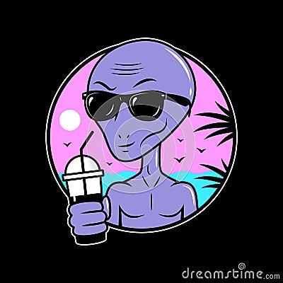 ALIEN CARTOON WITH COCKTAIL SUMMER CHILL OUT Vector Illustration