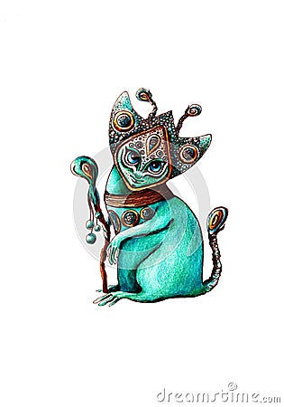 An alien cat with big blue eyes and a staff in its paws. Cartoon Illustration