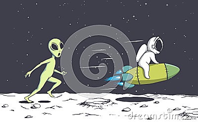 alien catches up with astronaut Cartoon Illustration