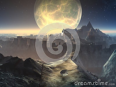 Alien City Ruins by Moonlight Stock Photo