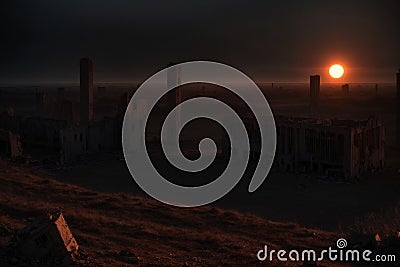 Abandoned Alien City with Dying Sun Stock Photo