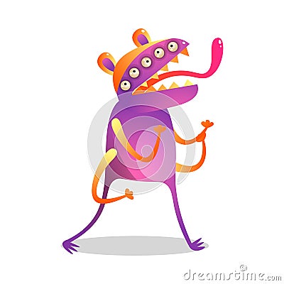 Alien colorful monster with five eyes and four hands Vector Illustration