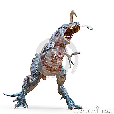 Alien dinosaur in an aggressive action in a white background Cartoon Illustration