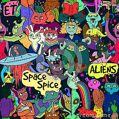 Alien diversity - conceptual colorful street art. Rainbow cartoon characters - monsters and germs. Vector Illustration