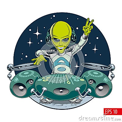 Alien dj character in outer space. Cute green extraterrestrial humanoid with futuristic vinyl record turntable. Comic style vector Vector Illustration