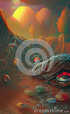 Alien eggs in a cave in retro scifi style Stock Photo