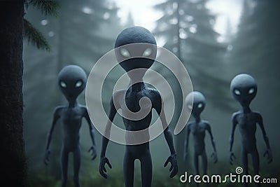 Small gray aliens in dark forest. Generative AI Stock Photo