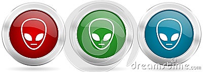 Alien face vector icon set. Red, blue and green silver metallic web buttons with chrome border Vector Illustration