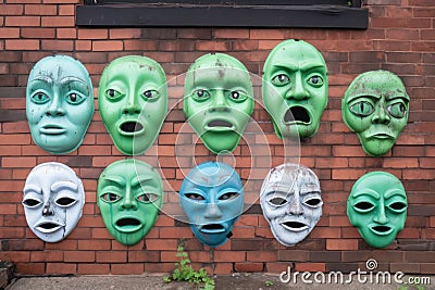 alien faces, with their eyes and mouths cut out, spray-painted on a brick wall Stock Photo